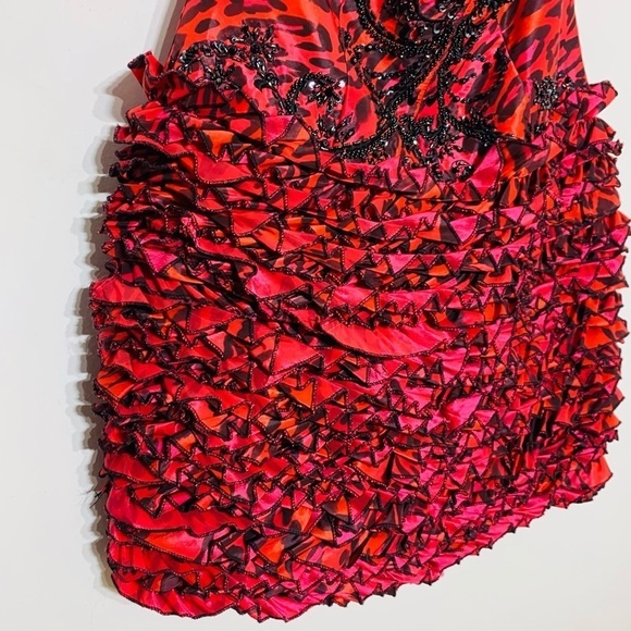 Jovani Strapless Leopard Beaded Ruffle textured cocktail Mini Dress 6 red black - Picture 2 of 8
